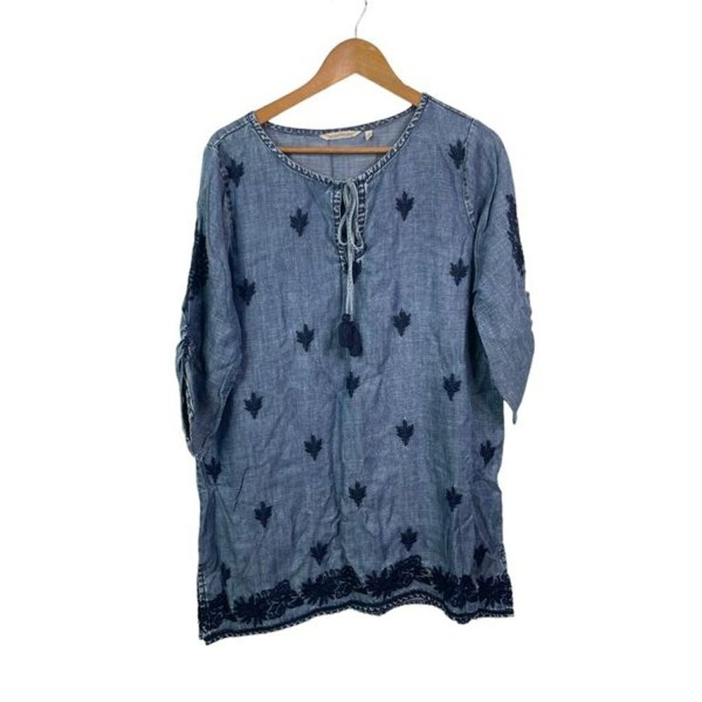 Soft Surroundings Women’s Chambray Embroidered Tassel Tunic Size L